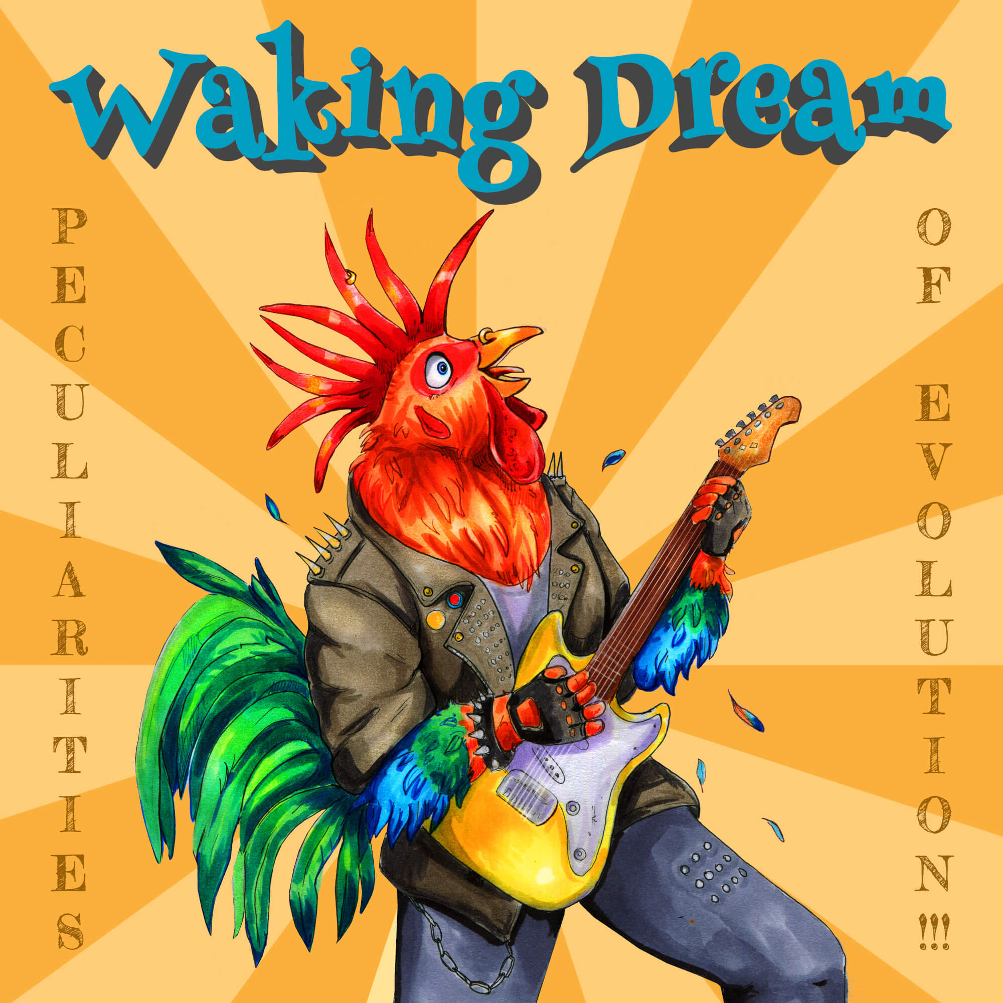 Peculiarities of Evolution!!! album cover - a punky cock with the guitar